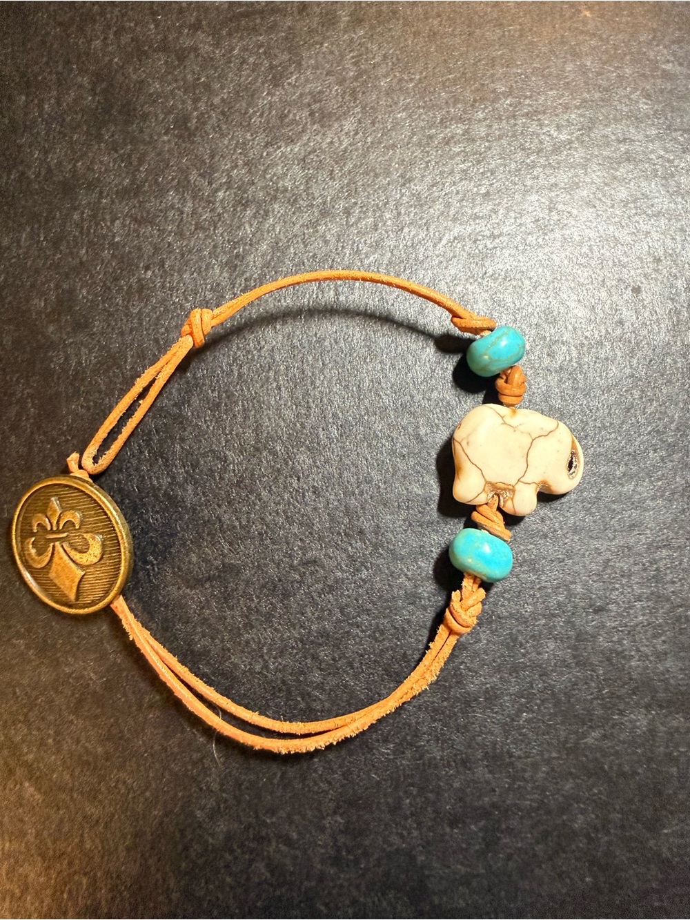 Turquoise and Tan Leather Elephant Bead Bracelet handcrafted